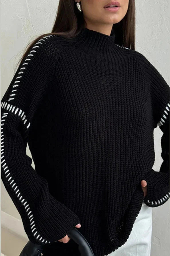 Mock Neck Chunky Knit Jumper with Contrast Whipstitch Detail and Raglan Sleeves