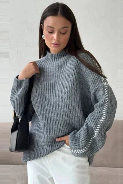 Mock Neck Chunky Knit Jumper with Contrast Whipstitch Detail and Raglan Sleeves