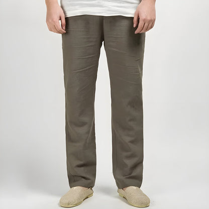 Monarch Linen Straight Leg Pants with Elastic Waistband and Slash Pockets