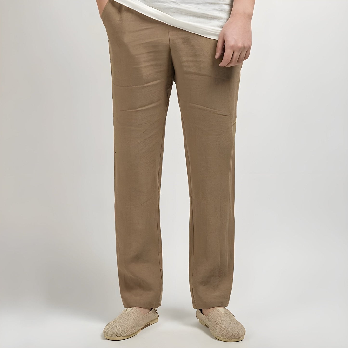 Monarch Linen Straight Leg Pants with Elastic Waistband and Slash Pockets