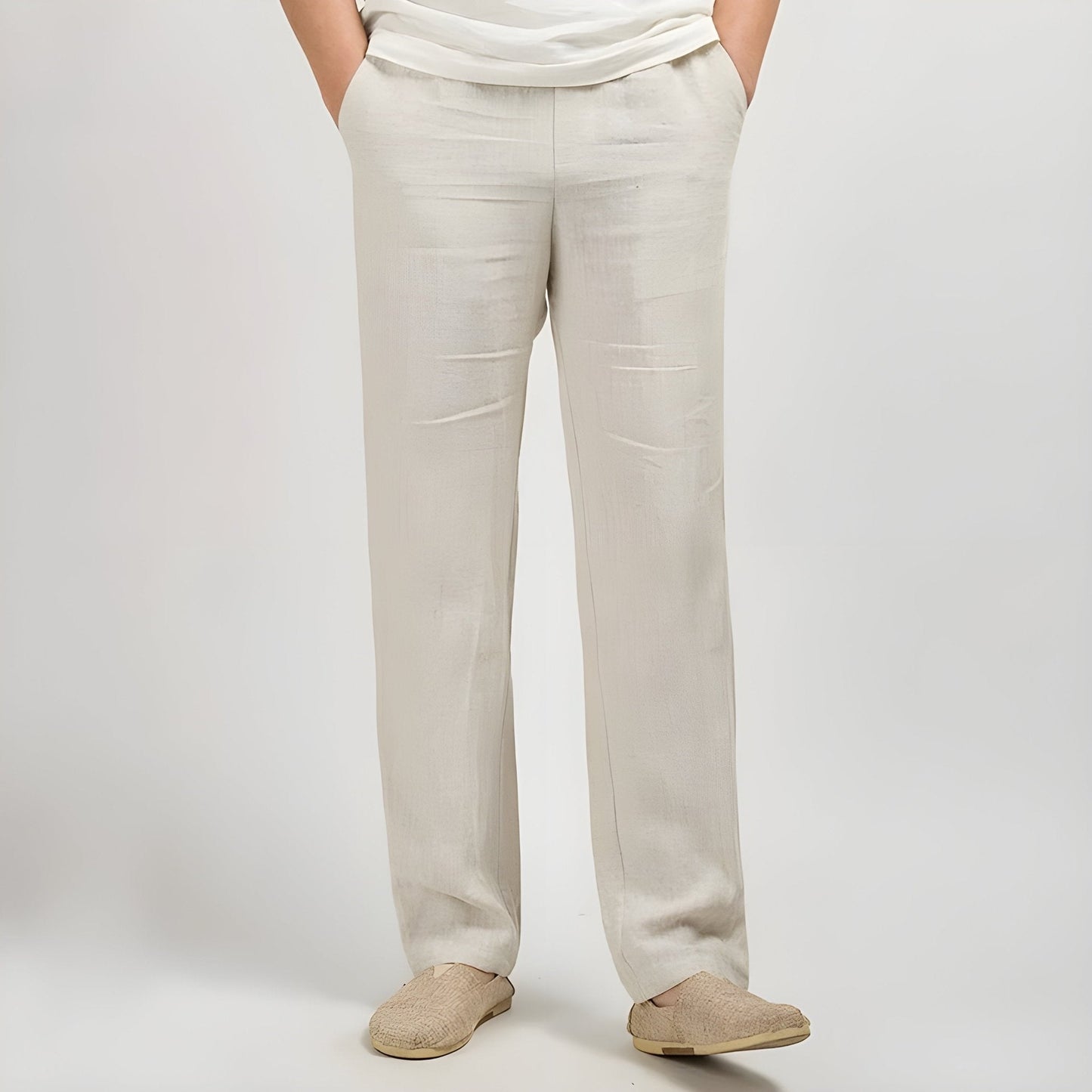 Monarch Linen Straight Leg Pants with Elastic Waistband and Slash Pockets
