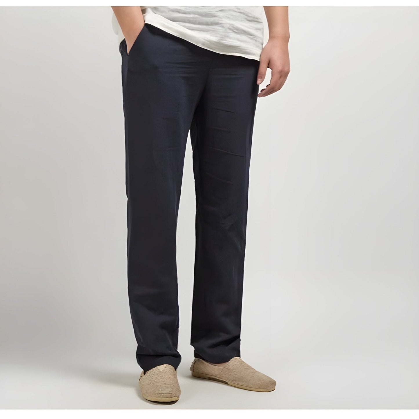 Monarch Linen Straight Leg Pants with Elastic Waistband and Slash Pockets