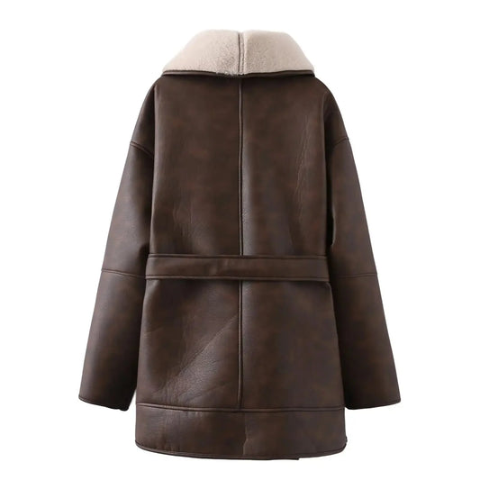 Monroe Double Breasted Shearling Coat with Wide Lapel and Leather Tie Belt