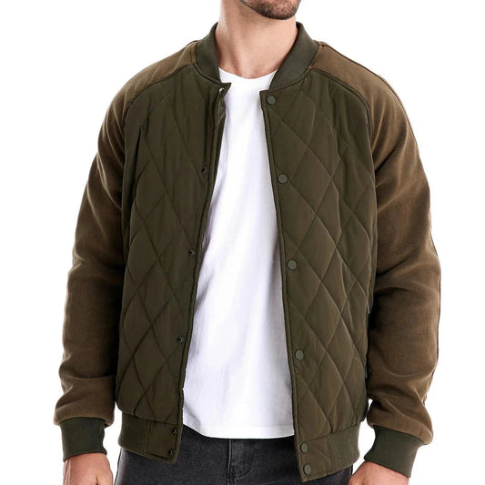 Orland Quilted Varsity Bomber with Contrast Fleece Sleeves and Snap Front