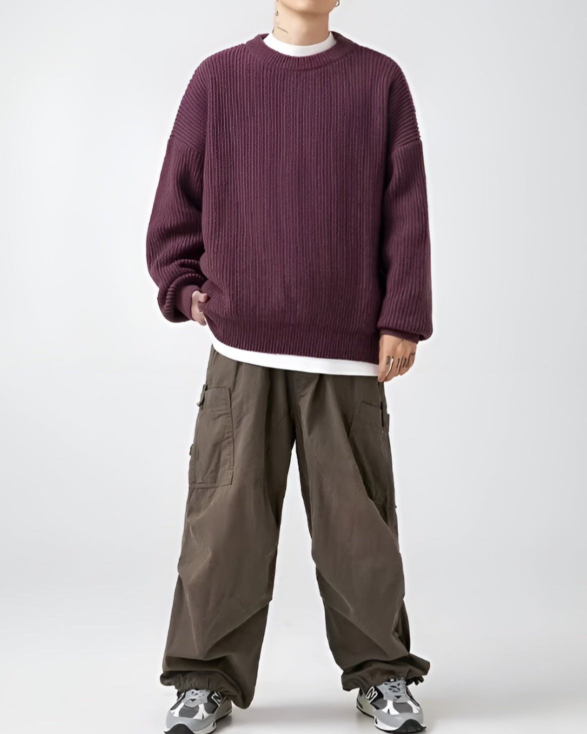 Voss Oversized Chunky Ribbed Knit Pullover with Crewneck and Dropped Shoulder Seams