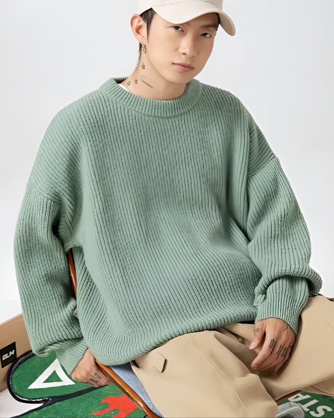Voss Oversized Chunky Ribbed Knit Pullover with Crewneck and Dropped Shoulder Seams