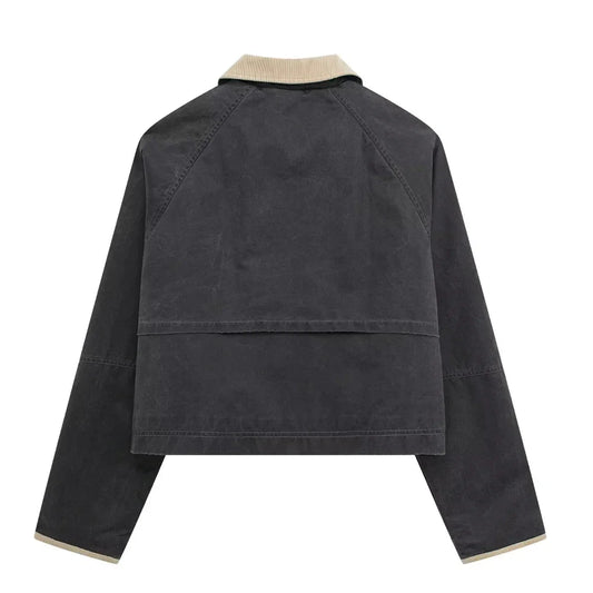 Oversized Waxed Canvas Jacket with Corduroy Collar and Dual Front Patch Pockets