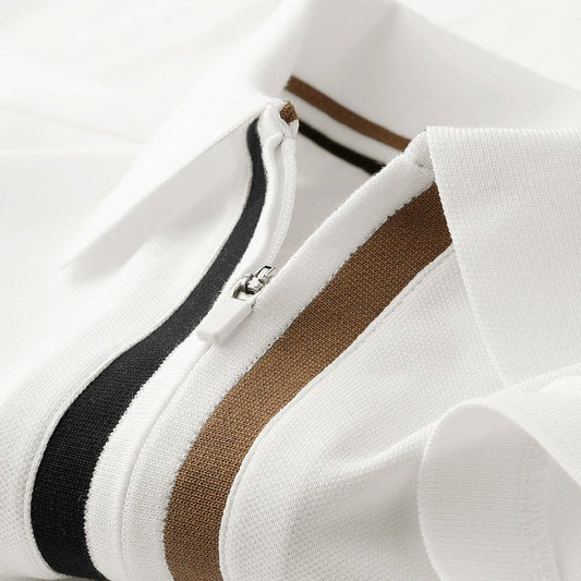 Oxford Short Sleeve Pique Cotton Polo Shirt with Quarter Zip and Contrast Stripe Placket