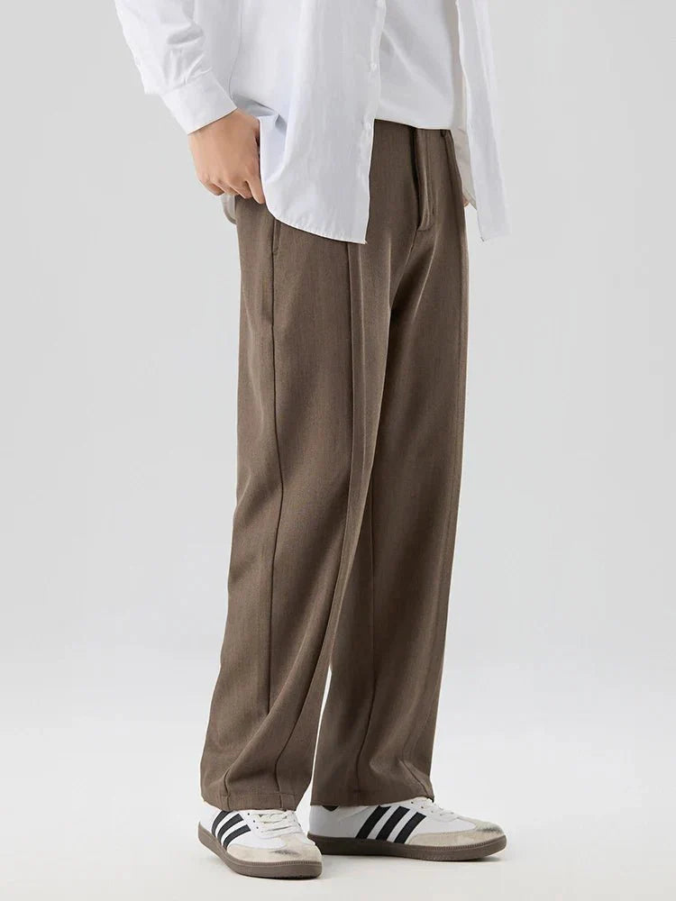 Pleated Straight Leg Dress Pants with Elastic Waistband and Slash Pockets