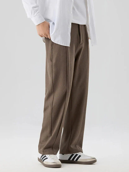 Pleated Straight Leg Dress Pants with Elastic Waistband and Slash Pockets