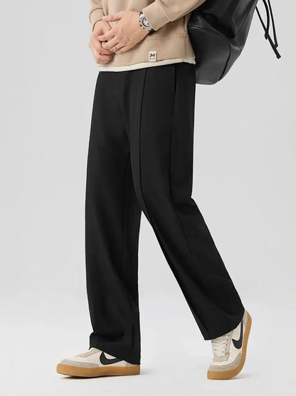 Pleated Straight Leg Dress Pants with Elastic Waistband and Slash Pockets