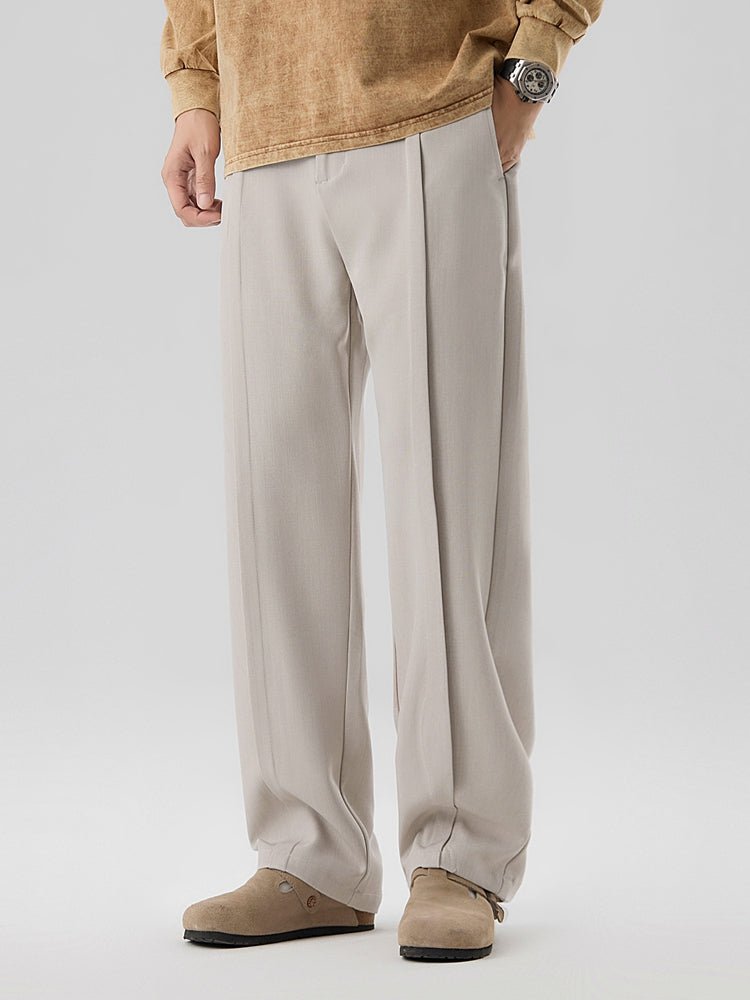 Pleated Straight Leg Dress Pants with Elastic Waistband and Slash Pockets