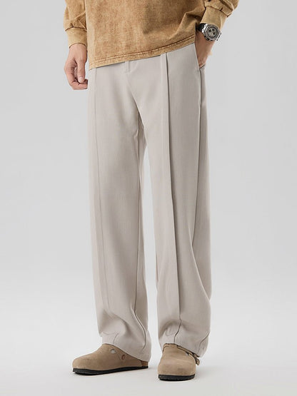 Pleated Straight Leg Dress Pants with Elastic Waistband and Slash Pockets