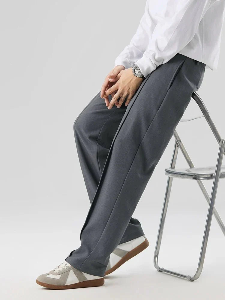 Pleated Straight Leg Dress Pants with Elastic Waistband and Slash Pockets