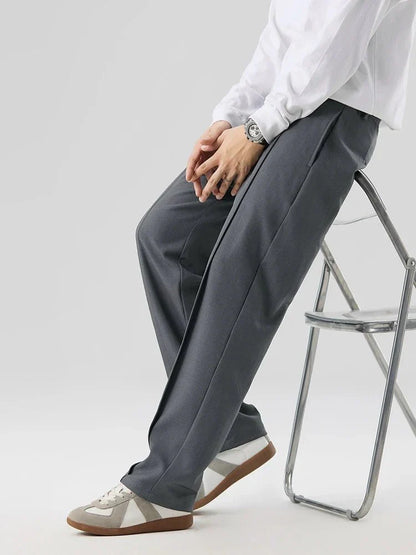 Pleated Straight Leg Dress Pants with Elastic Waistband and Slash Pockets