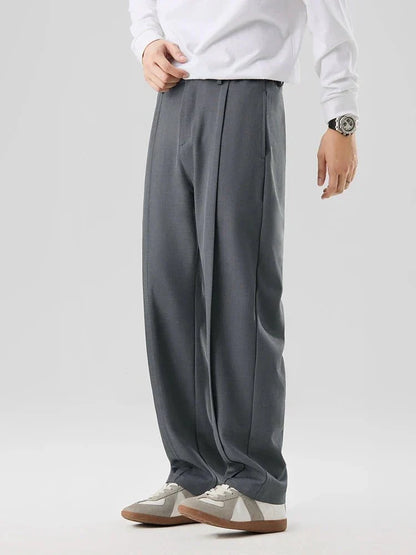 Pleated Straight Leg Dress Pants with Elastic Waistband and Slash Pockets