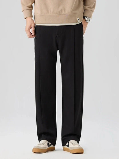 Pleated Straight Leg Dress Pants with Elastic Waistband and Slash Pockets