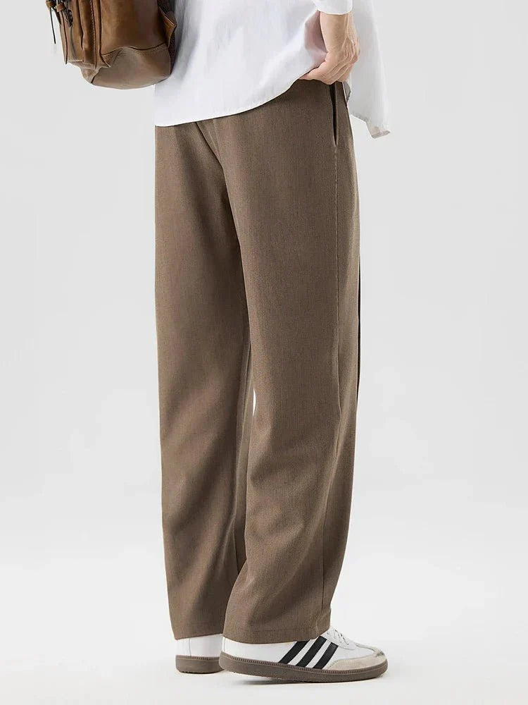 Pleated Straight Leg Dress Pants with Elastic Waistband and Slash Pockets
