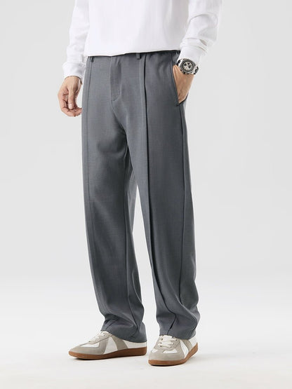 Pleated Straight Leg Dress Pants with Elastic Waistband and Slash Pockets