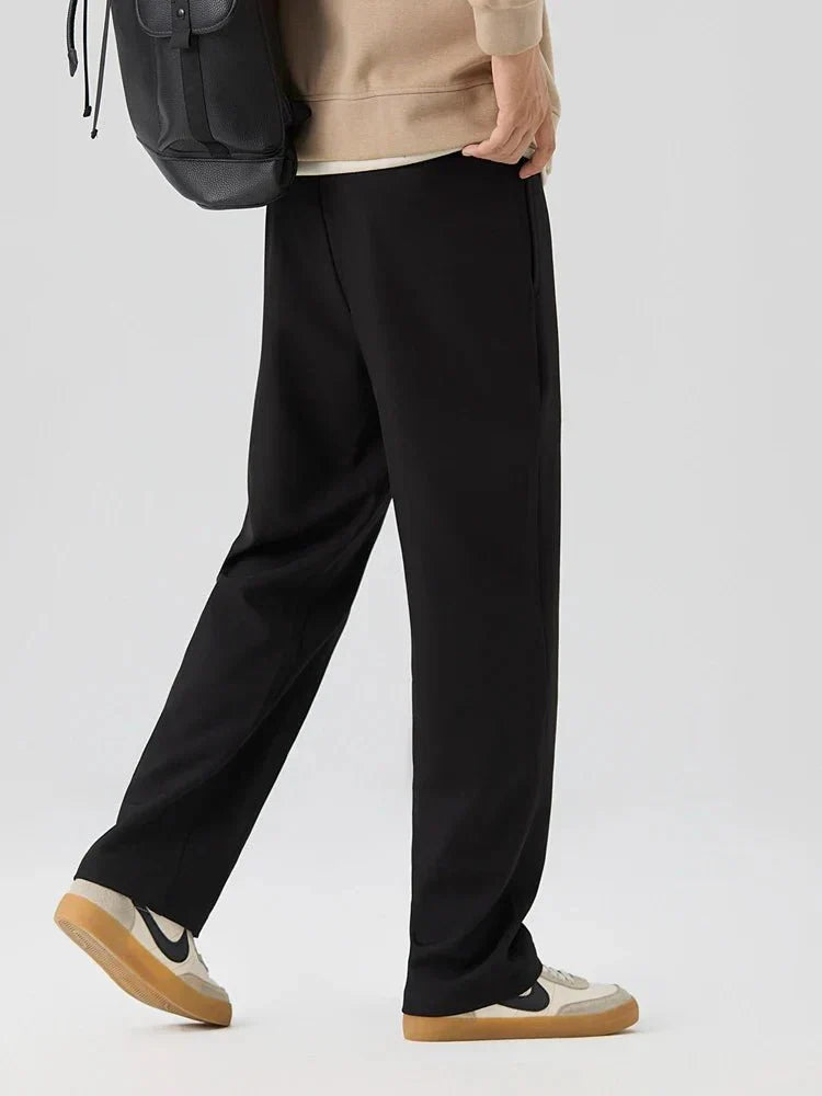 Pleated Straight Leg Dress Pants with Elastic Waistband and Slash Pockets