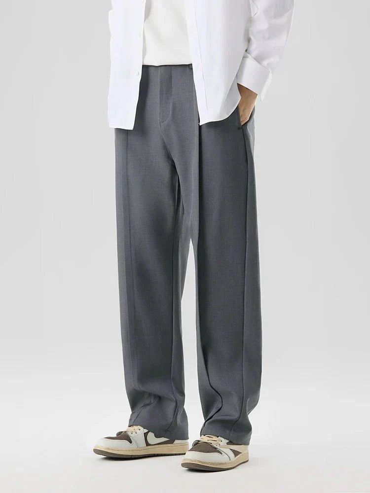 Pleated Straight Leg Dress Pants with Elastic Waistband and Slash Pockets