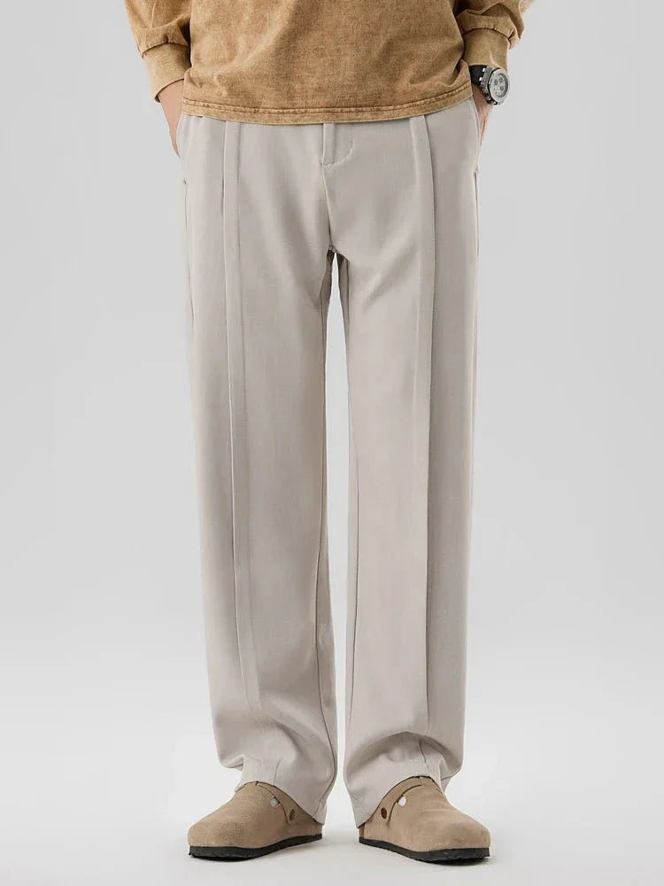 Pleated Straight Leg Dress Pants with Elastic Waistband and Slash Pockets