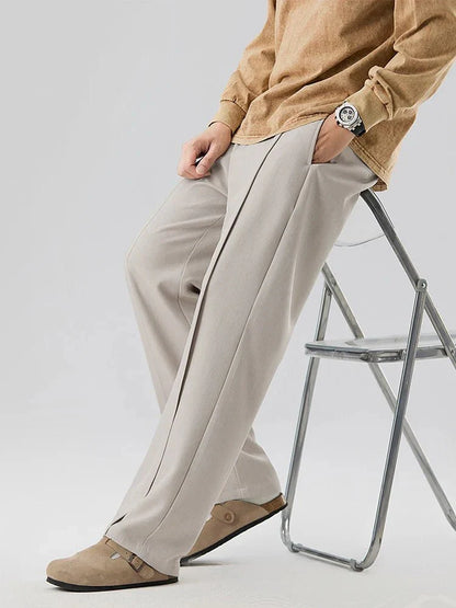Pleated Straight Leg Dress Pants with Elastic Waistband and Slash Pockets