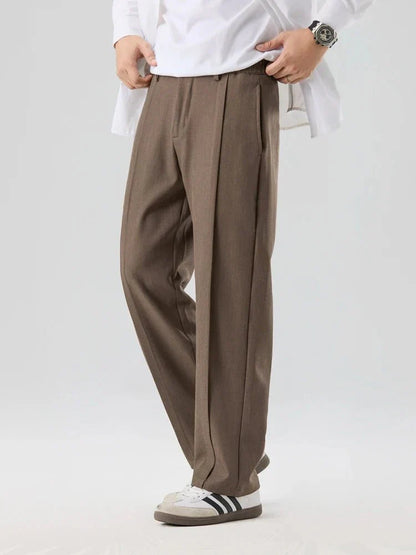 Pleated Straight Leg Dress Pants with Elastic Waistband and Slash Pockets