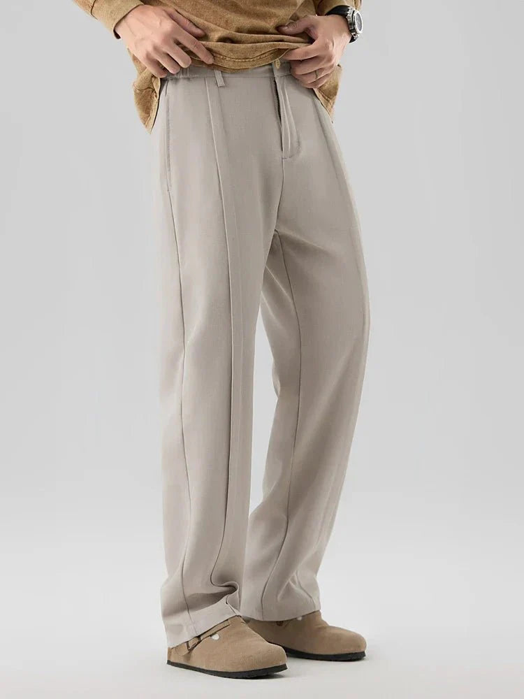 Pleated Straight Leg Dress Pants with Elastic Waistband and Slash Pockets
