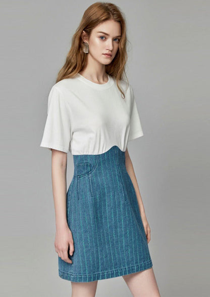 Nora Two Tone Short Sleeve Mini Dress featuring Crewneck Top and Pinstripe Denim Skirt