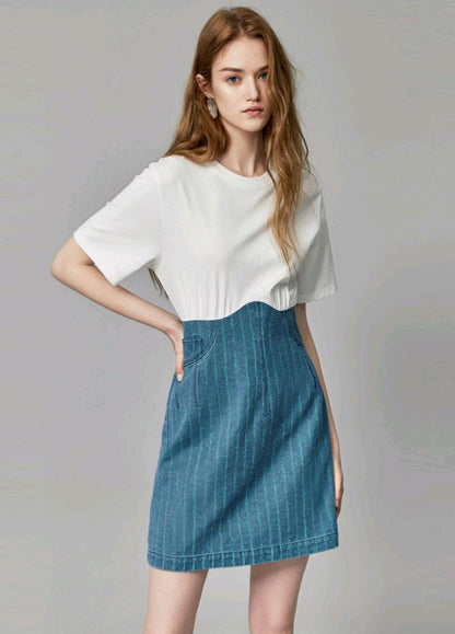 Nora Two Tone Short Sleeve Mini Dress featuring Crewneck Top and Pinstripe Denim Skirt