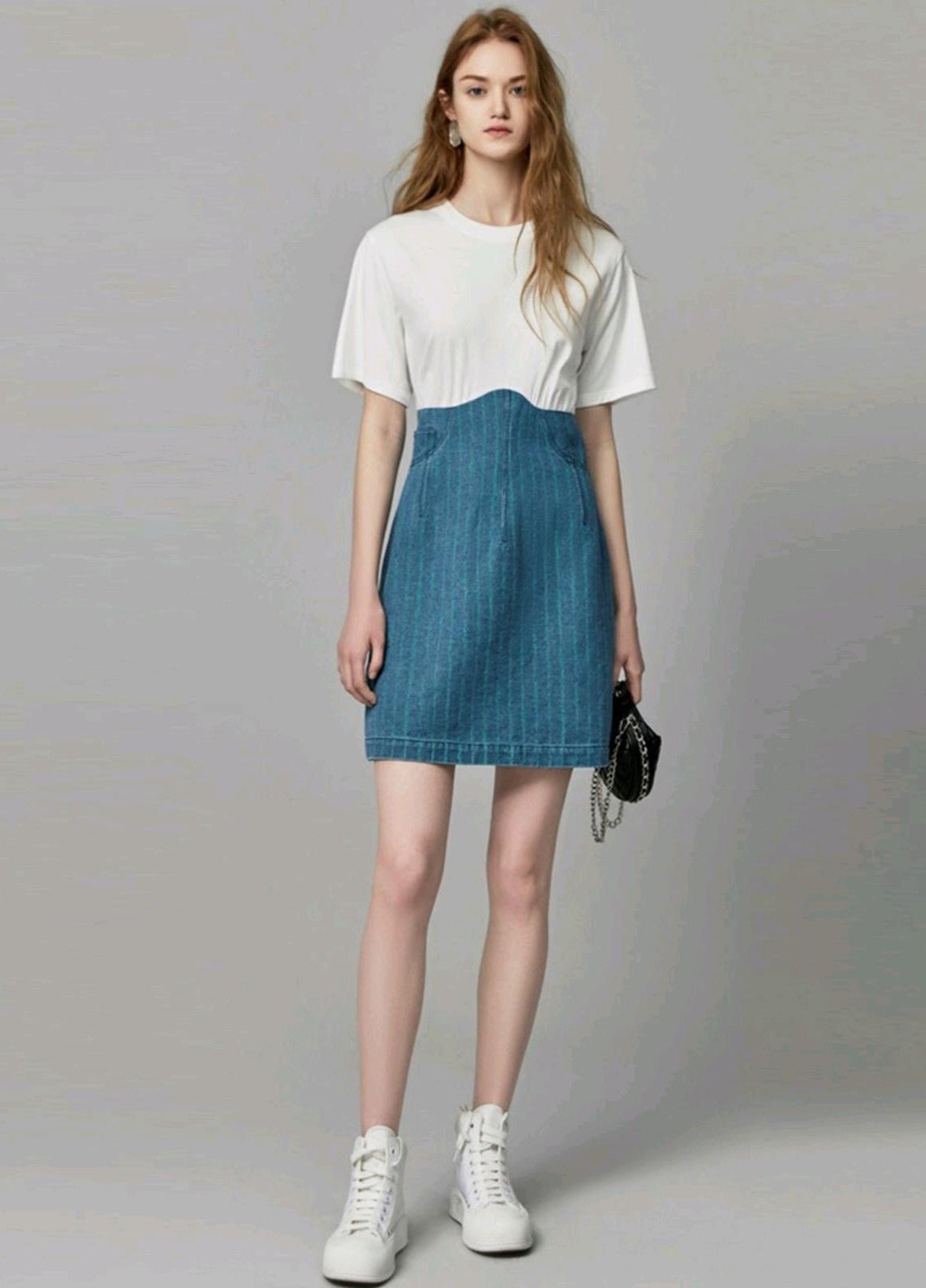 Nora Two Tone Short Sleeve Mini Dress featuring Crewneck Top and Pinstripe Denim Skirt