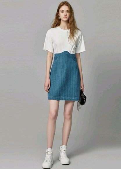 Nora Two Tone Short Sleeve Mini Dress featuring Crewneck Top and Pinstripe Denim Skirt