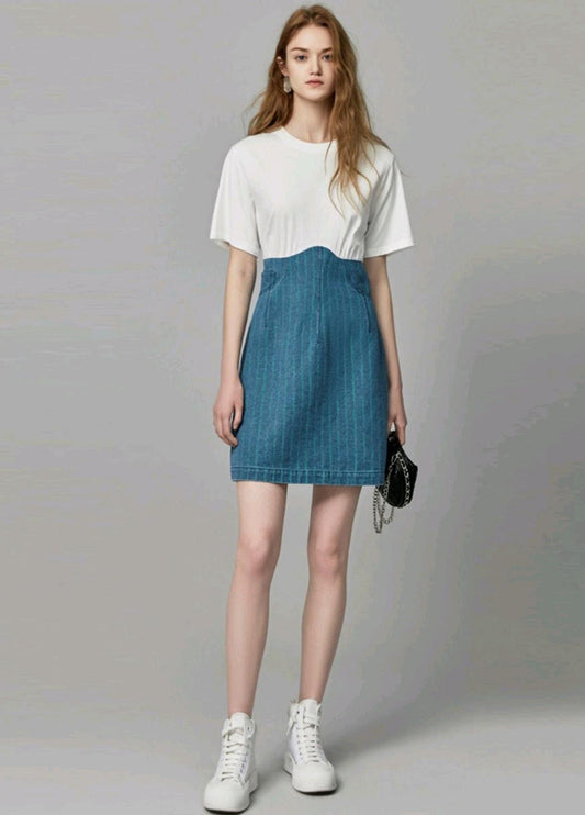 Nora Two Tone Short Sleeve Mini Dress featuring Crewneck Top and Pinstripe Denim Skirt