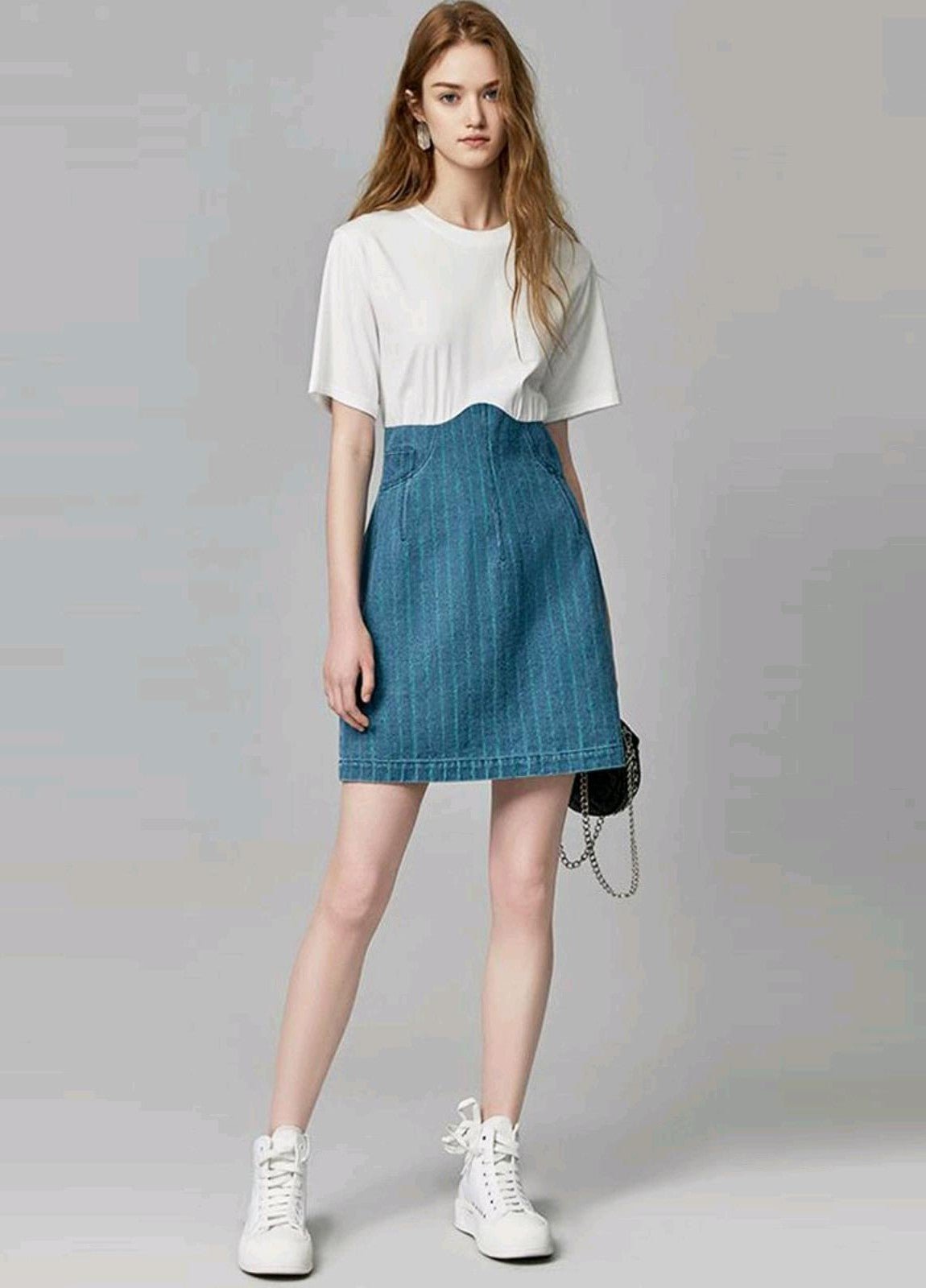 Nora Two Tone Short Sleeve Mini Dress featuring Crewneck Top and Pinstripe Denim Skirt