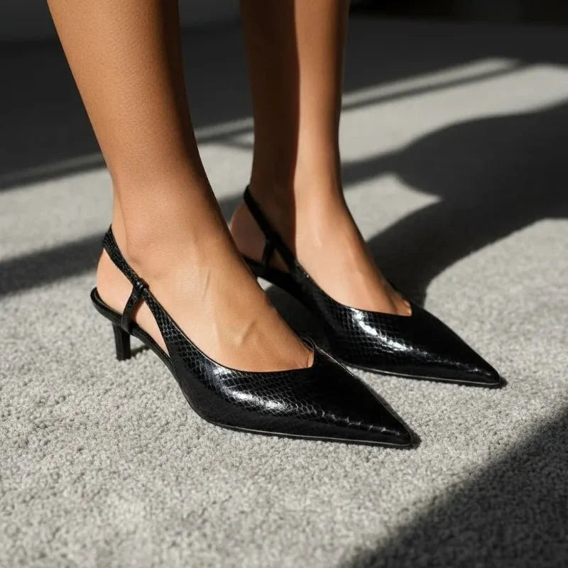 Vena Python Embossed Slingback Kitten Heels with Pointed Toe and Adjustable Ankle Strap