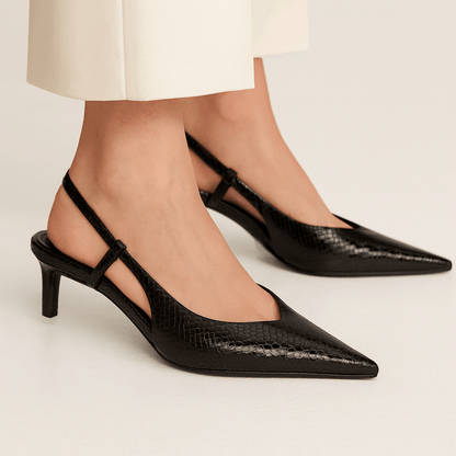 Vena Python Embossed Slingback Kitten Heels with Pointed Toe and Adjustable Ankle Strap