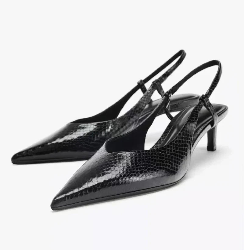 Vena Python Embossed Slingback Kitten Heels with Pointed Toe and Adjustable Ankle Strap