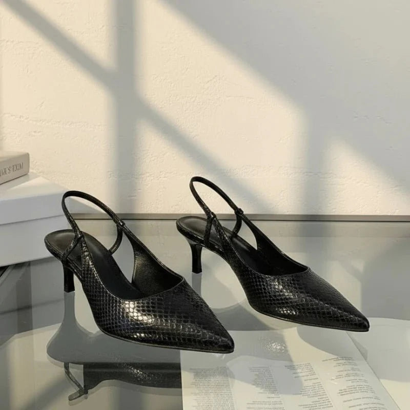 Vena Python Embossed Slingback Kitten Heels with Pointed Toe and Adjustable Ankle Strap