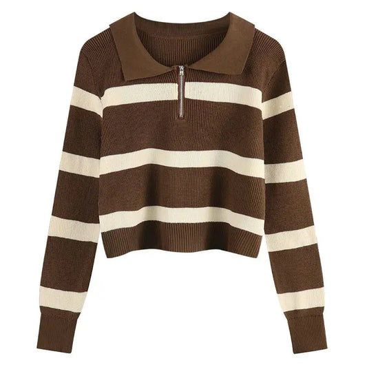 Quarter Zip Cropped Striped Knit Rugby Polo with Spread Collar and Ribbed Hem