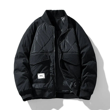 Ranger Cargo Puffer Jacket with Diamond Quilt Panels and Ribbed Stand Collar