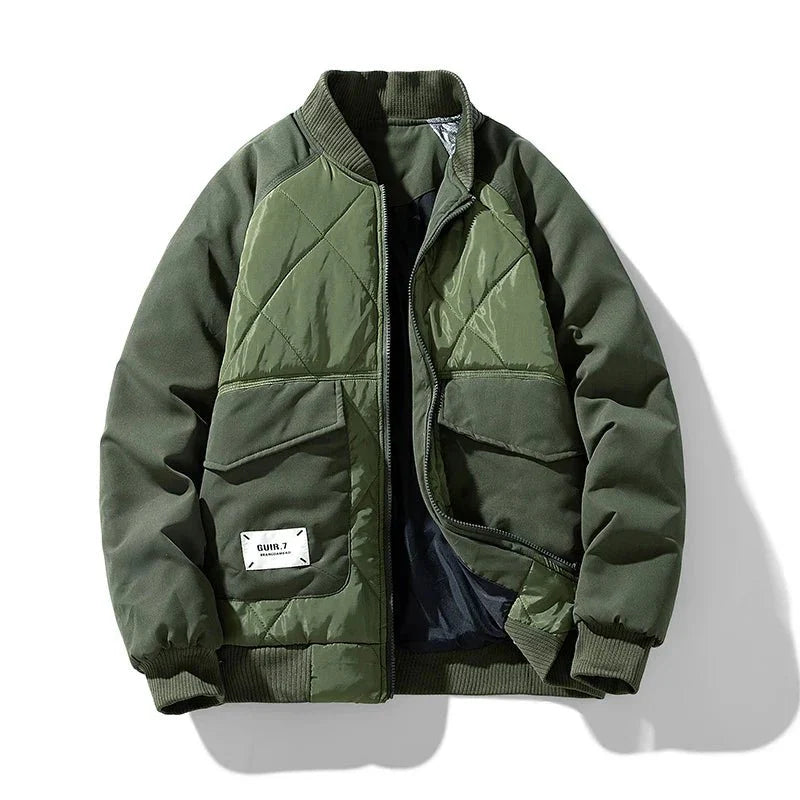 Ranger Cargo Puffer Jacket with Diamond Quilt Panels and Ribbed Stand Collar