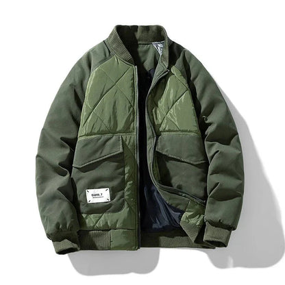 Ranger Cargo Puffer Jacket with Diamond Quilt Panels and Ribbed Stand Collar