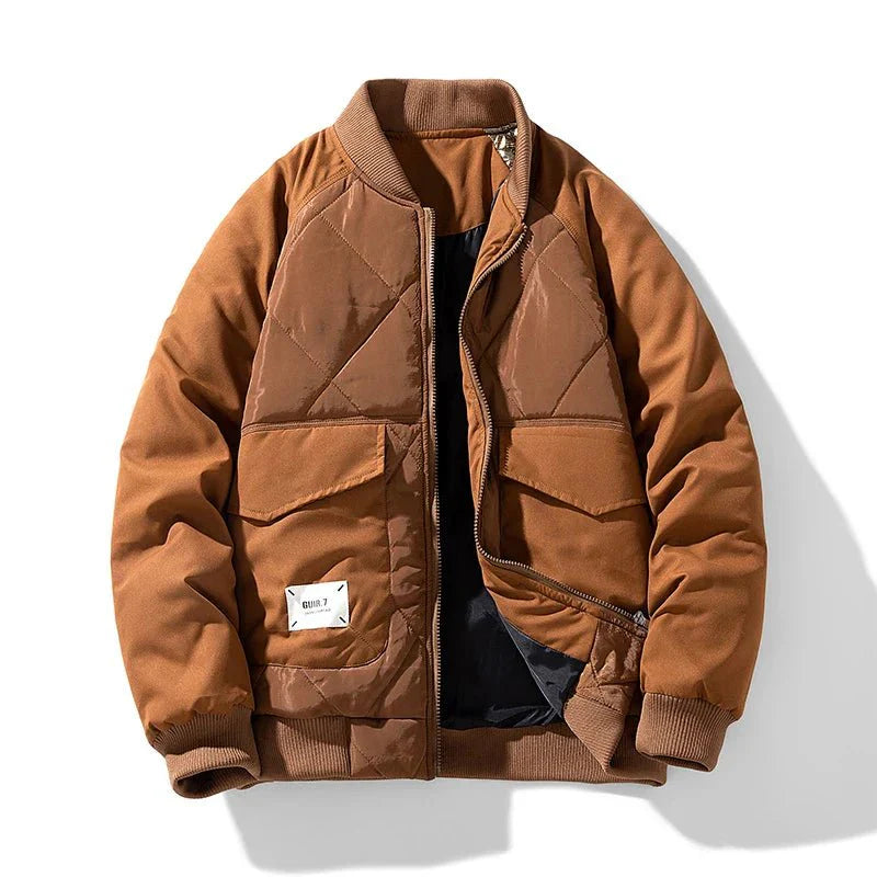 Ranger Cargo Puffer Jacket with Diamond Quilt Panels and Ribbed Stand Collar