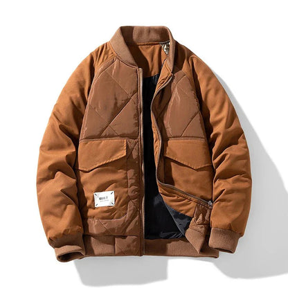 Ranger Cargo Puffer Jacket with Diamond Quilt Panels and Ribbed Stand Collar