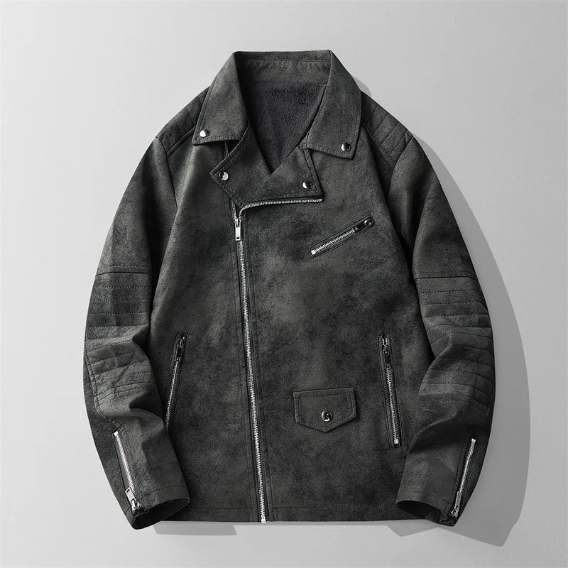 Rebel Suede Biker Jacket with Asymmetric Zip Quilted Sleeves and Snap Collar