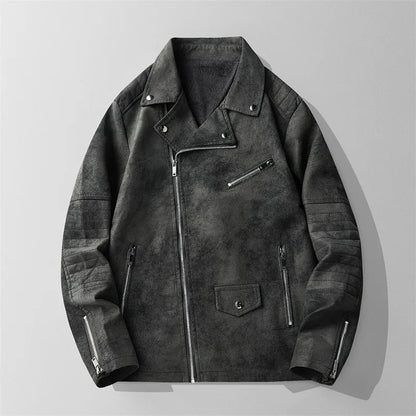 Rebel Suede Biker Jacket with Asymmetric Zip Quilted Sleeves and Snap Collar