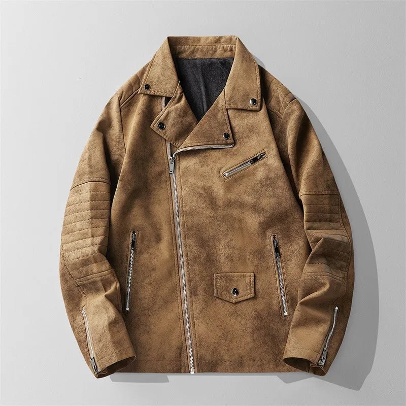 Rebel Suede Biker Jacket with Asymmetric Zip Quilted Sleeves and Snap Collar