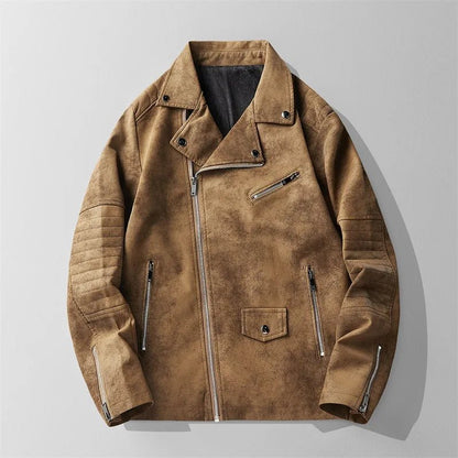 Rebel Suede Biker Jacket with Asymmetric Zip Quilted Sleeves and Snap Collar