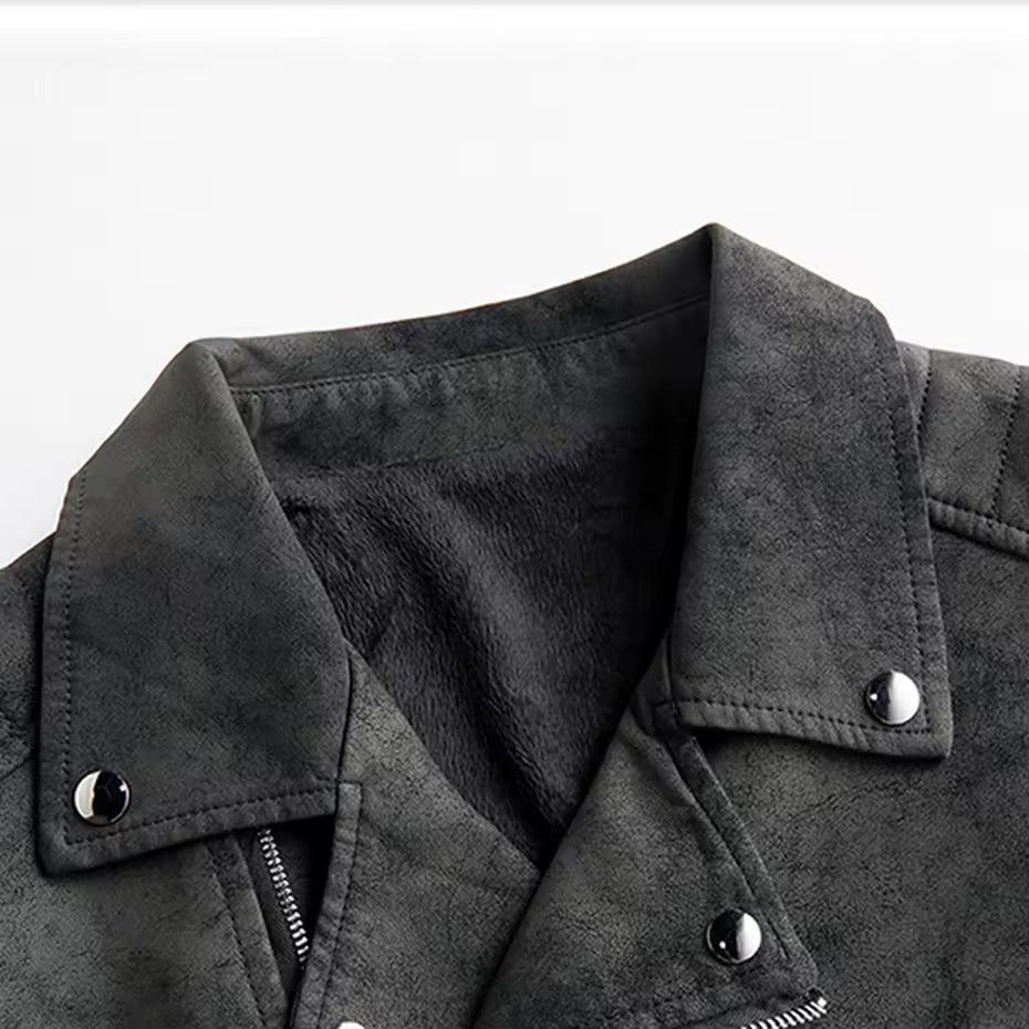 Rebel Suede Biker Jacket with Asymmetric Zip Quilted Sleeves and Snap Collar